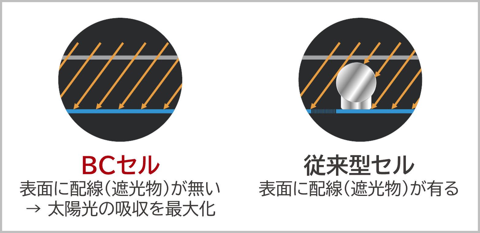 セルの表（おもて）面に配線（フィンガーやバスバー）がないBCセル